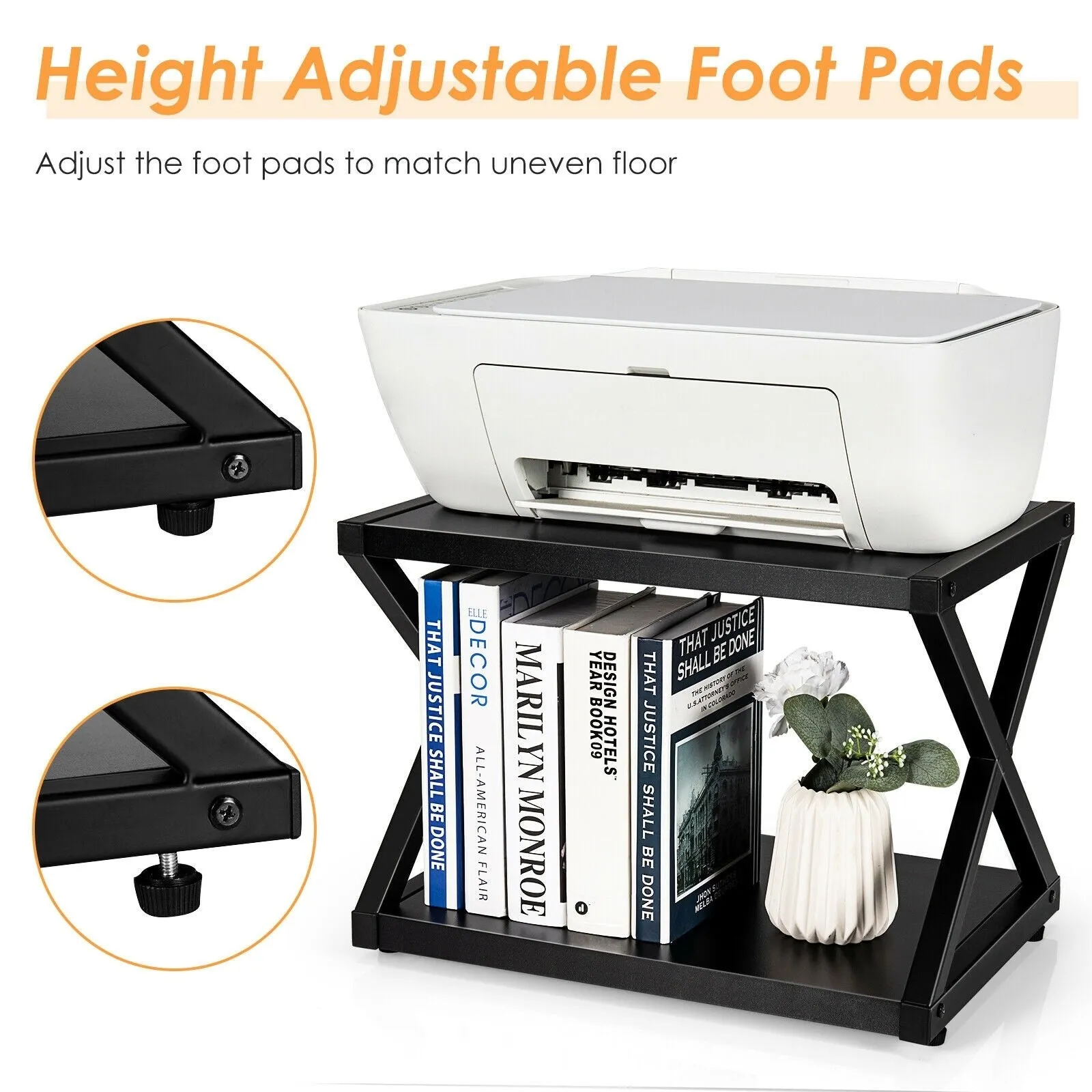 2 Tier Desktop Printer Stand with Anti-Skid Pads - Black