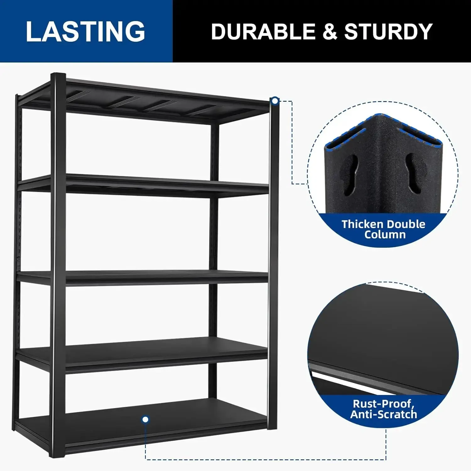 2750LBS 48" W x 24" D x 72" H Garage Shelving, 5-Shelf Industrial Storage Shelves Heavy Duty, Metal Shelving Units with Adjustable Shelf, Steel Utility Shelves, Black