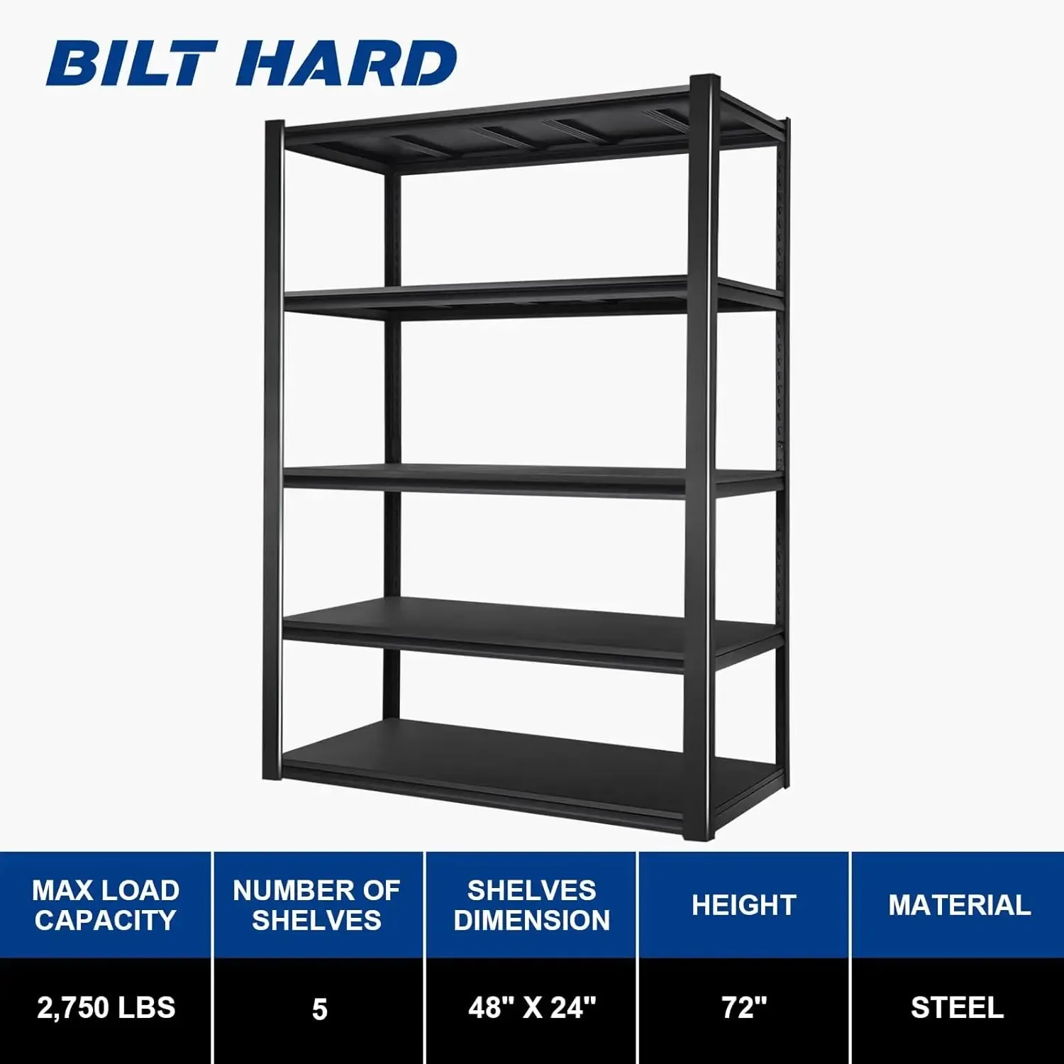 2750LBS 48" W x 24" D x 72" H Garage Shelving, 5-Shelf Industrial Storage Shelves Heavy Duty, Metal Shelving Units with Adjustable Shelf, Steel Utility Shelves, Black