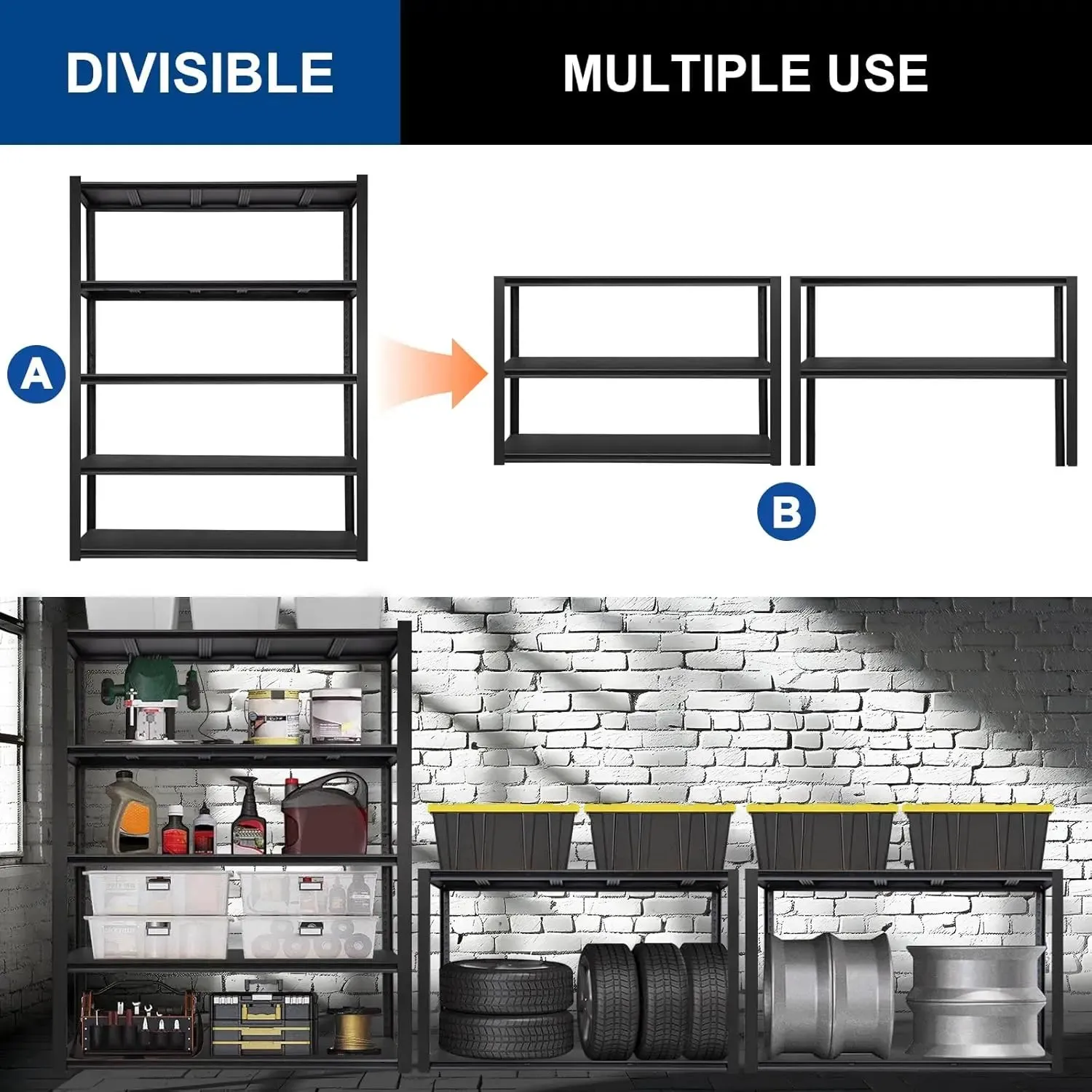 2750LBS 48" W x 24" D x 72" H Garage Shelving, 5-Shelf Industrial Storage Shelves Heavy Duty, Metal Shelving Units with Adjustable Shelf, Steel Utility Shelves, Black