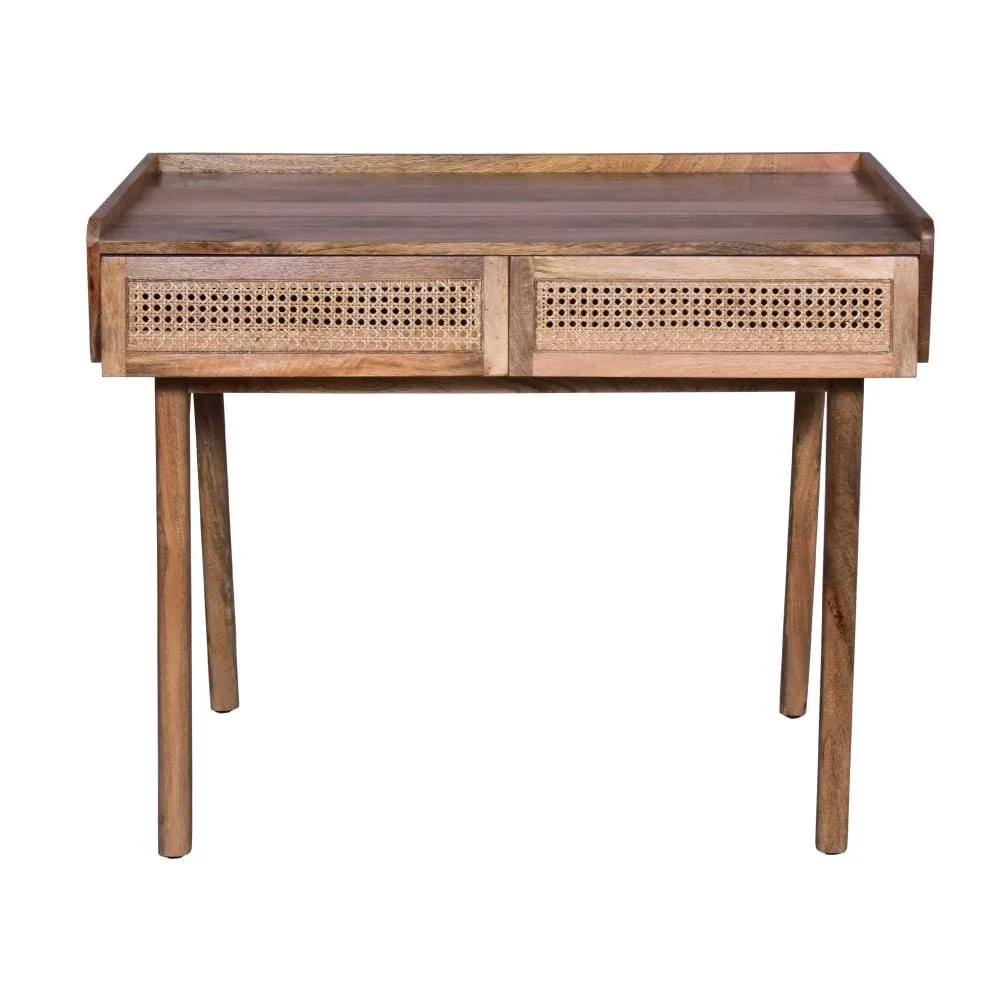 39 Inch Handcrafted Mango Wood Farmhouse Writing Desk, 2 Rattan Front Drawers, Oak Brown By The Urban Port