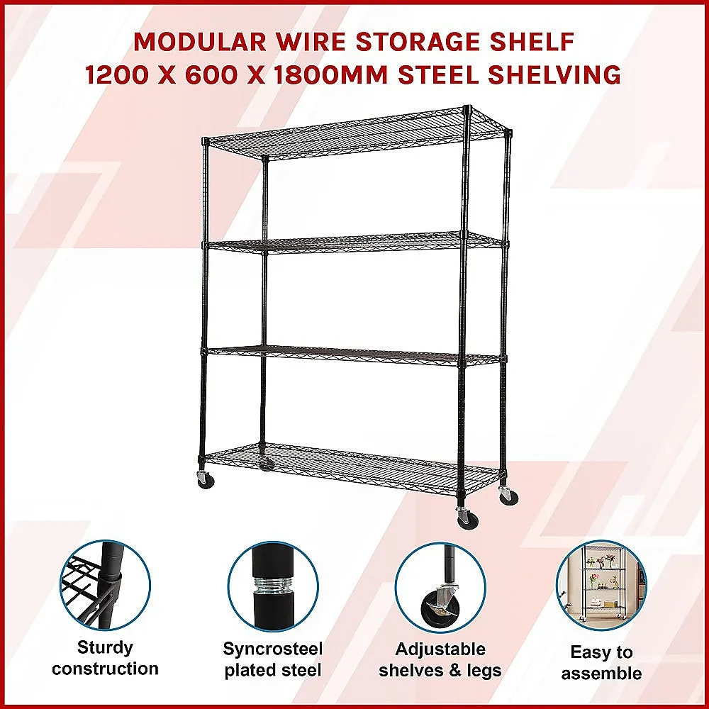 Adjustable Steel Wire Modular Shelf, 4-Tier, Wheels, 1200 x 600 x 1800mm