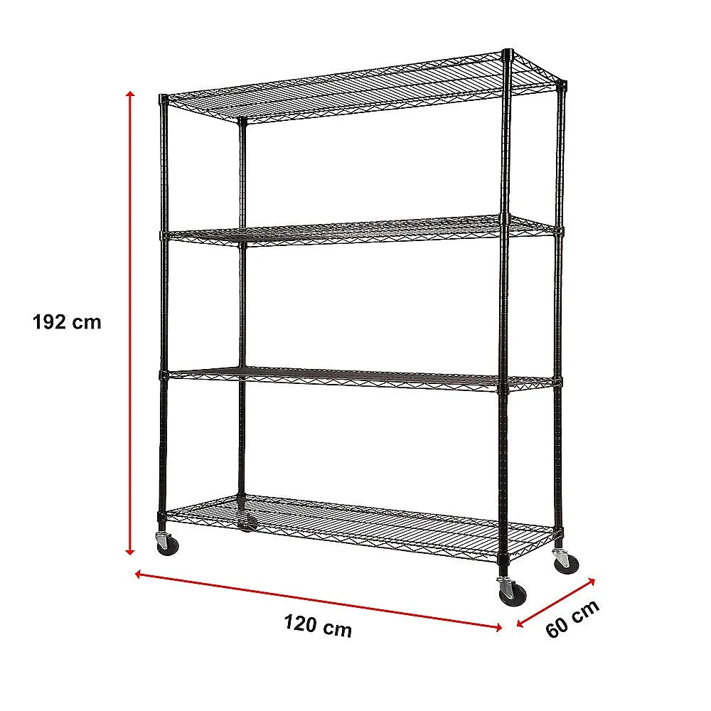 Adjustable Steel Wire Modular Shelf, 4-Tier, Wheels, 1200 x 600 x 1800mm