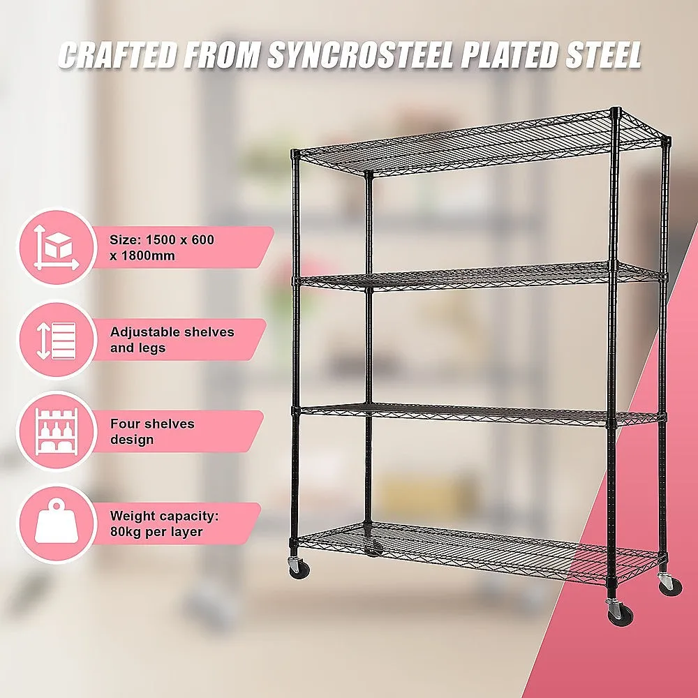 Adjustable Steel Wire Modular Shelf, 4-Tier, Wheels, 1200 x 600 x 1800mm