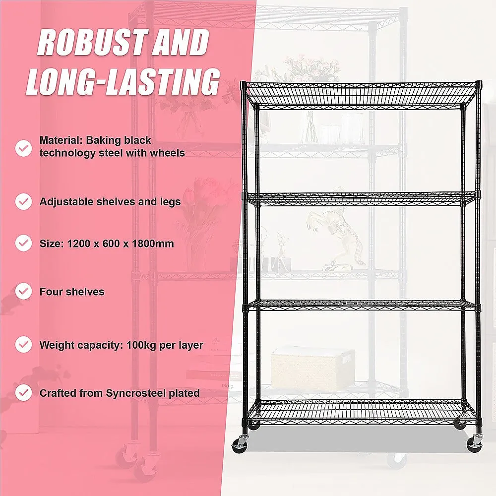 Adjustable Steel Wire Modular Shelf, 4-Tier, Wheels, 1200 x 600 x 1800mm