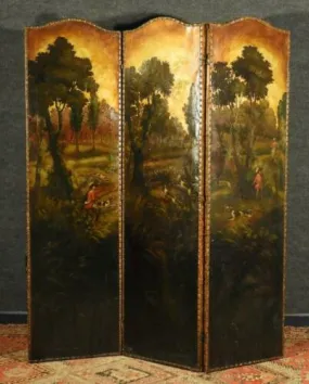 Antique Screen, Folding, 1900s, English Painted Leather Fox Hunting Scene, Nice for Dividing up a Room!