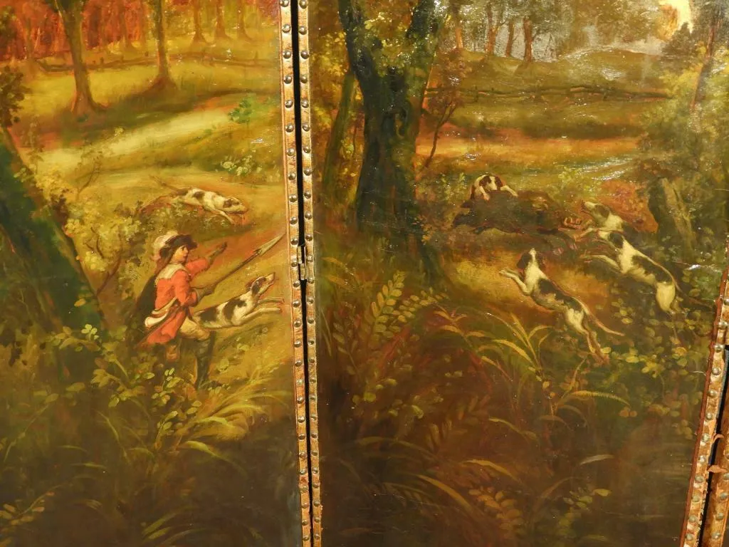 Antique Screen, Folding, 1900s, English Painted Leather Fox Hunting Scene, Nice for Dividing up a Room!