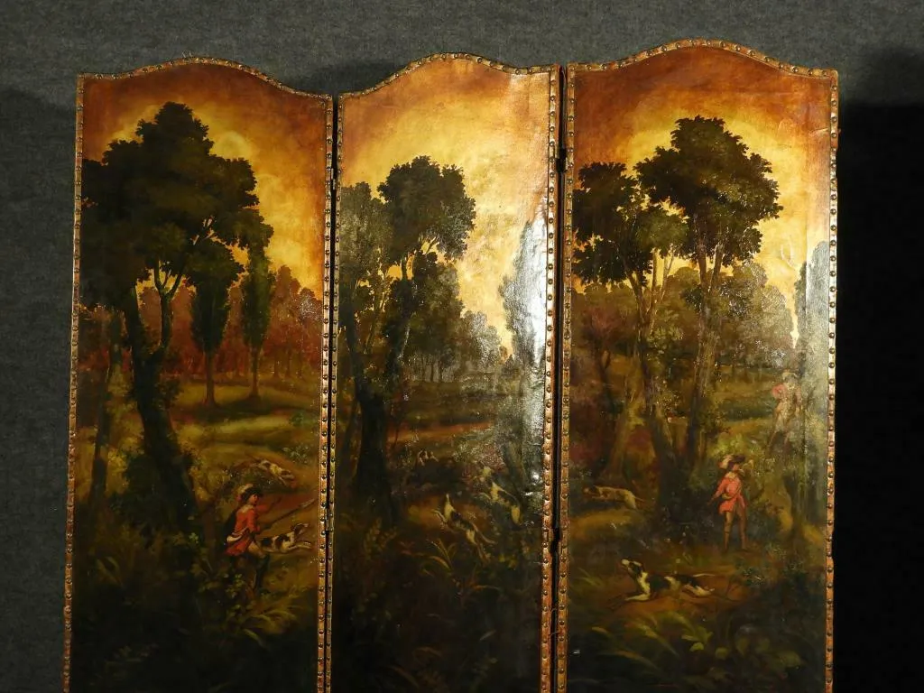 Antique Screen, Folding, 1900s, English Painted Leather Fox Hunting Scene, Nice for Dividing up a Room!