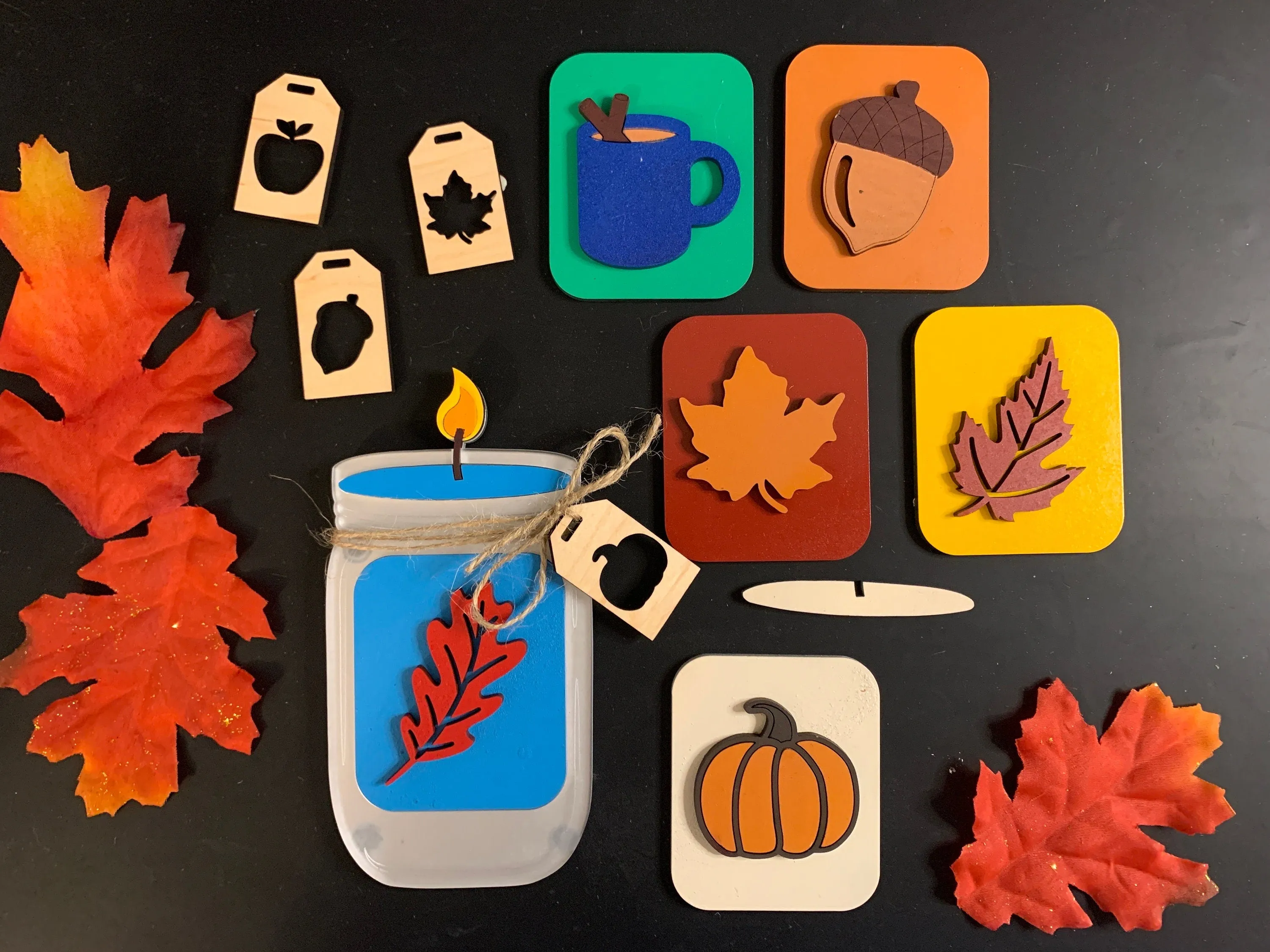 Autumn Interchangeable Mason Jar Candle Bundle - Tiered Tray Decor and DIY Kits - Cut File For Glowforge Lasers - Digital SVG File