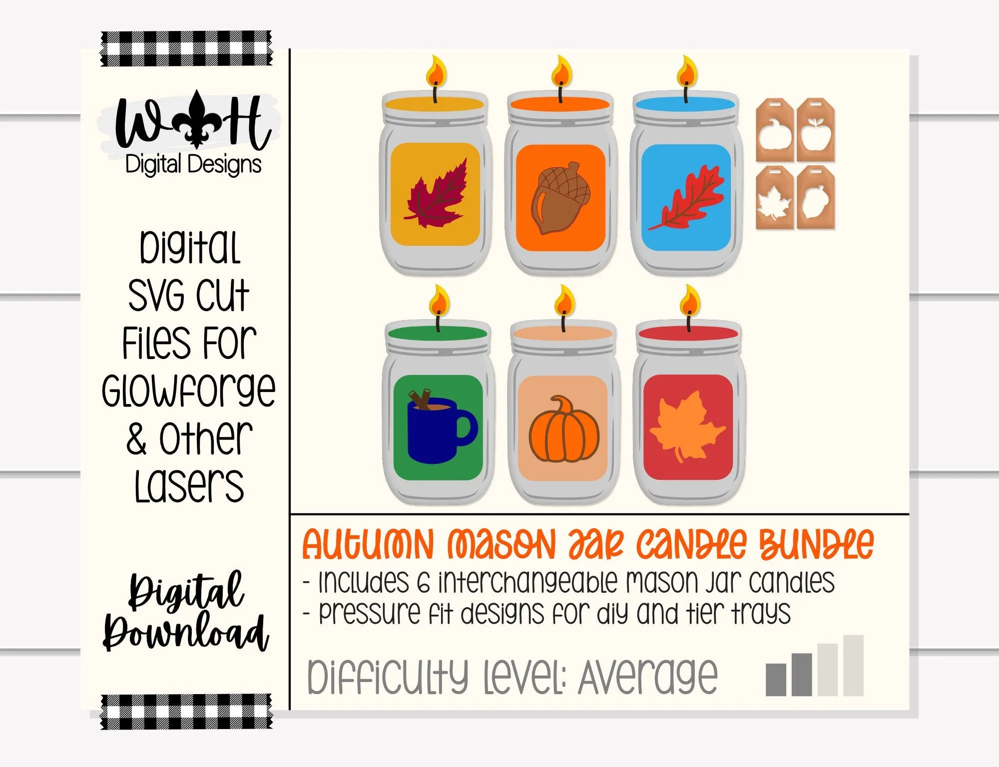 Autumn Interchangeable Mason Jar Candle Bundle - Tiered Tray Decor and DIY Kits - Cut File For Glowforge Lasers - Digital SVG File