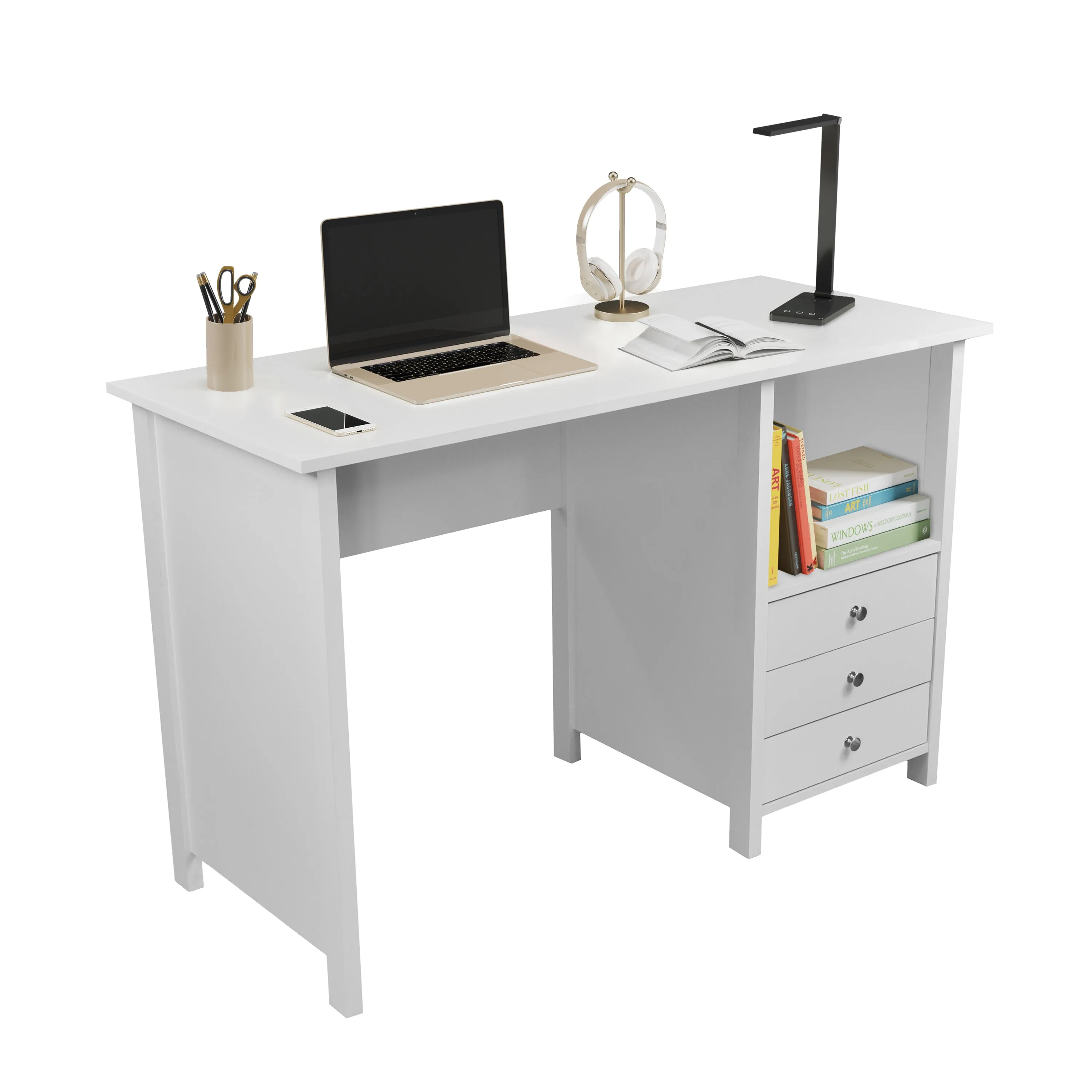 Contemporary White Desk with 3 Storage Drawers