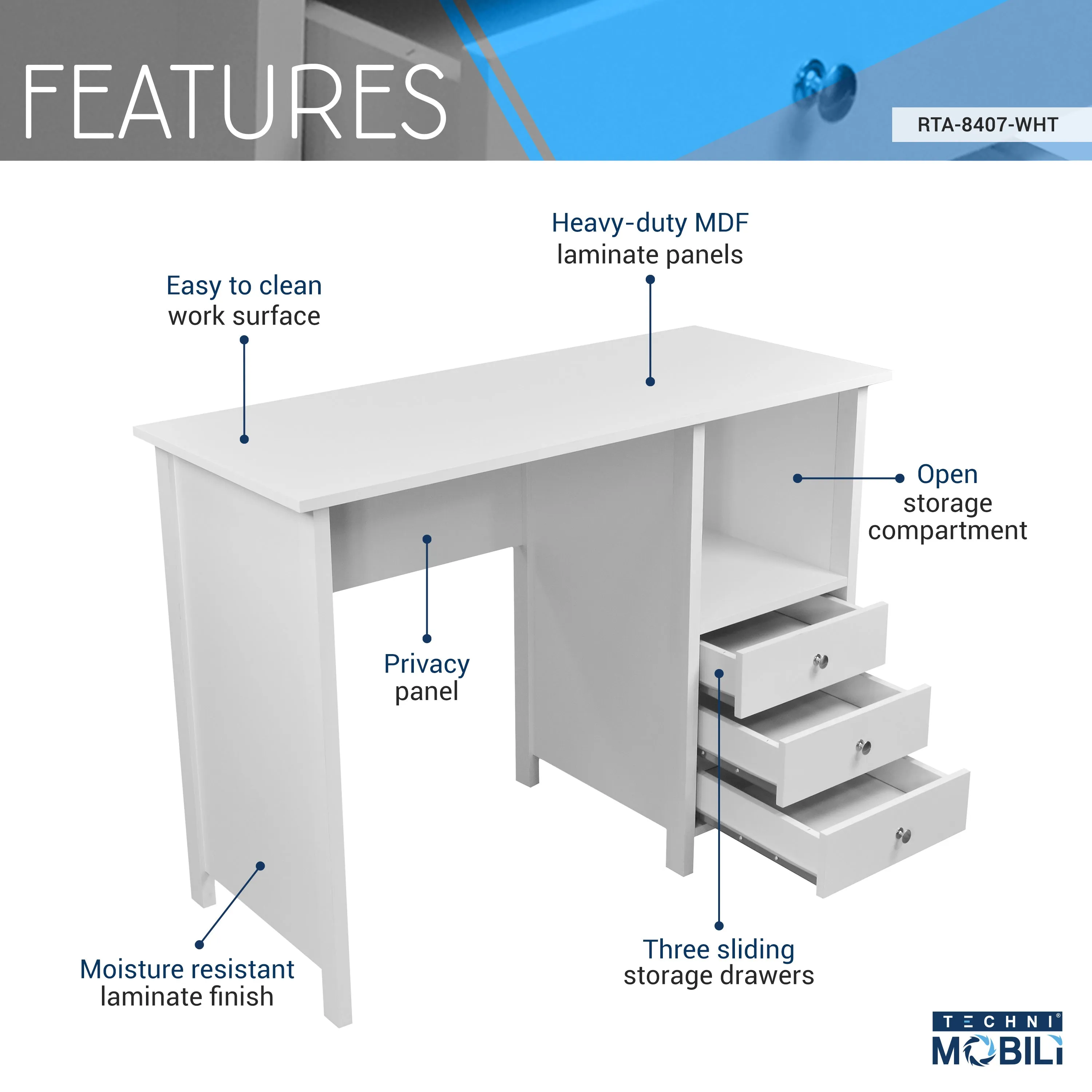 Contemporary White Desk with 3 Storage Drawers