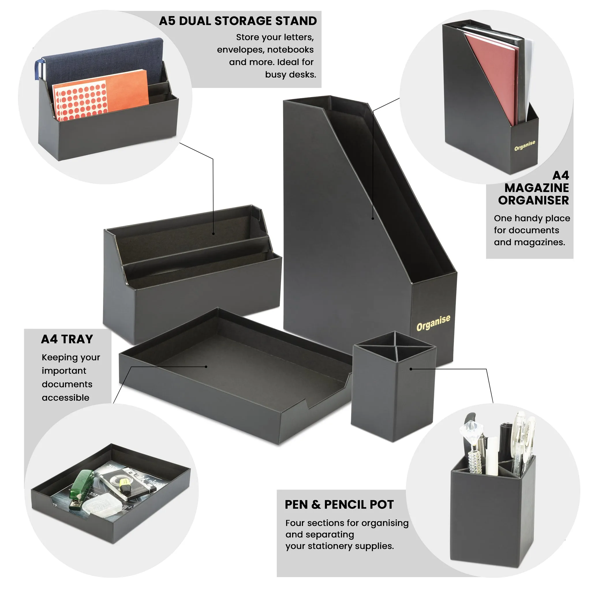 Desk Organiser Set - Black - 4 Pcs