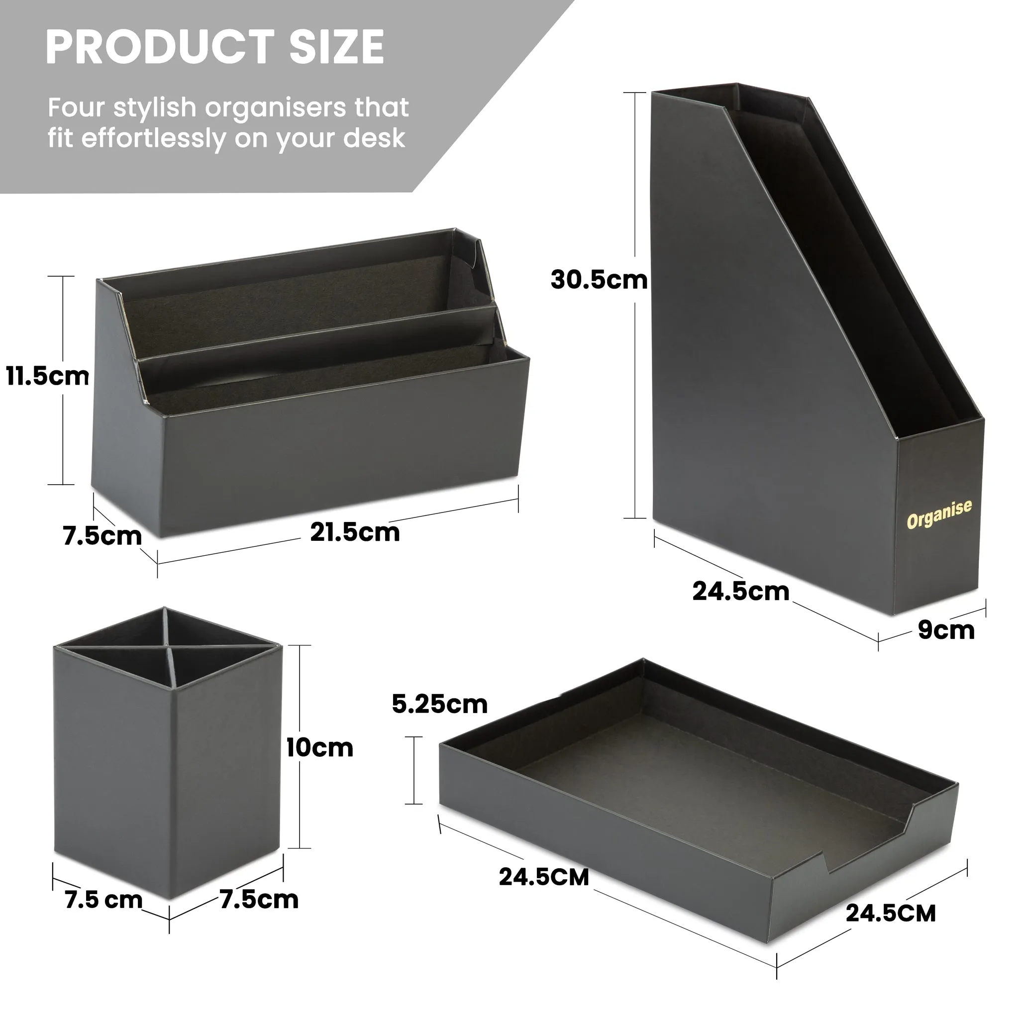 Desk Organiser Set - Black - 4 Pcs