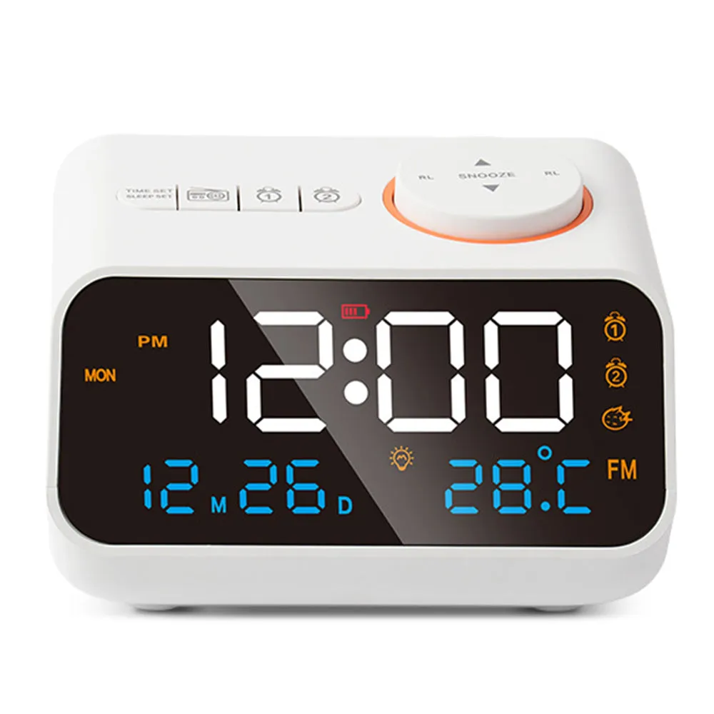 FM Radio LED Alarm Clock with Temperature and Humidity Meter - USB Rechargeable