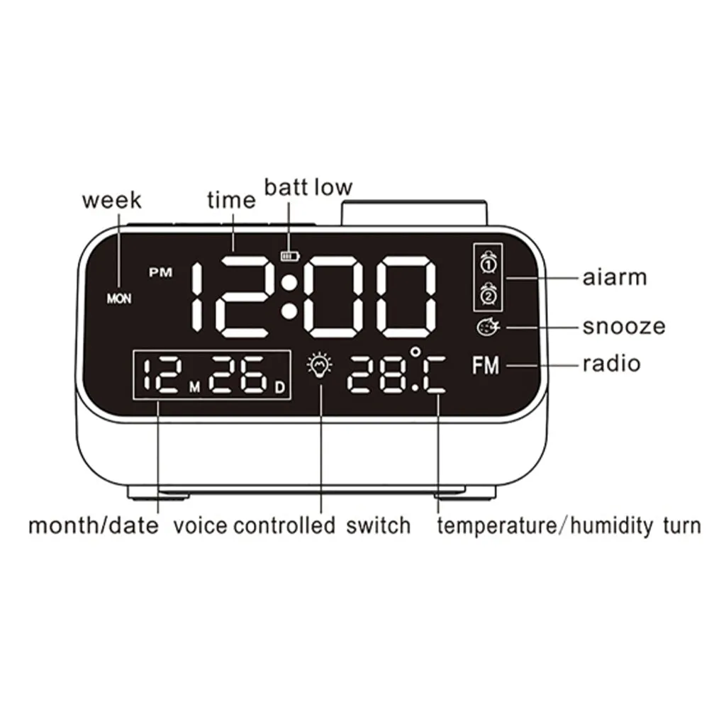 FM Radio LED Alarm Clock with Temperature and Humidity Meter - USB Rechargeable