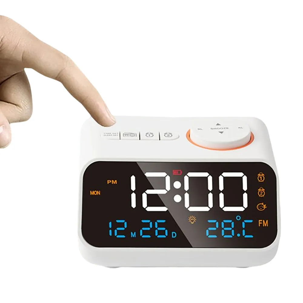 FM Radio LED Alarm Clock with Temperature and Humidity Meter - USB Rechargeable