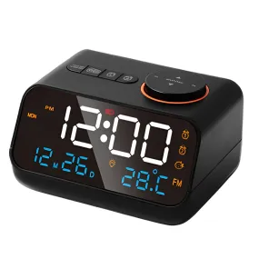 FM Radio LED Alarm Clock with Temperature and Humidity Meter - USB Rechargeable