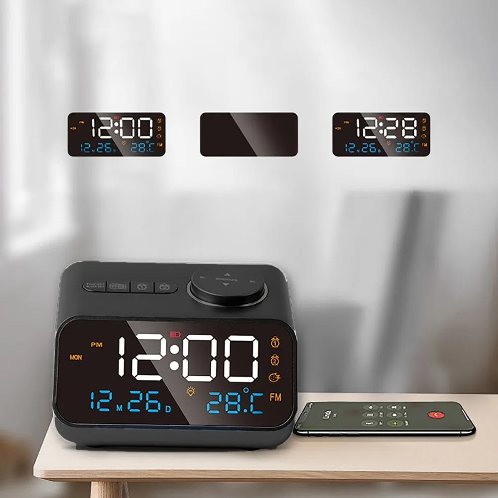 FM Radio LED Alarm Clock with Temperature and Humidity Meter - USB Rechargeable