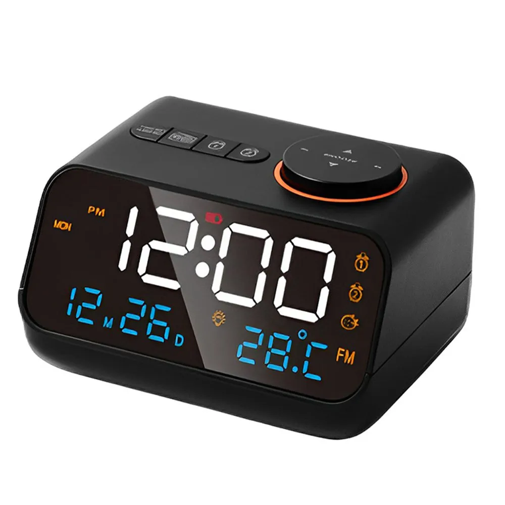 FM Radio LED Alarm Clock with Temperature and Humidity Meter - USB Rechargeable