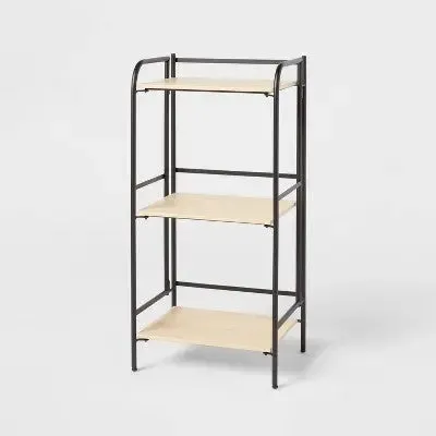 Folding 3 Shelf Narrow Black Metal with Natural Wood Shelves - Brightroom