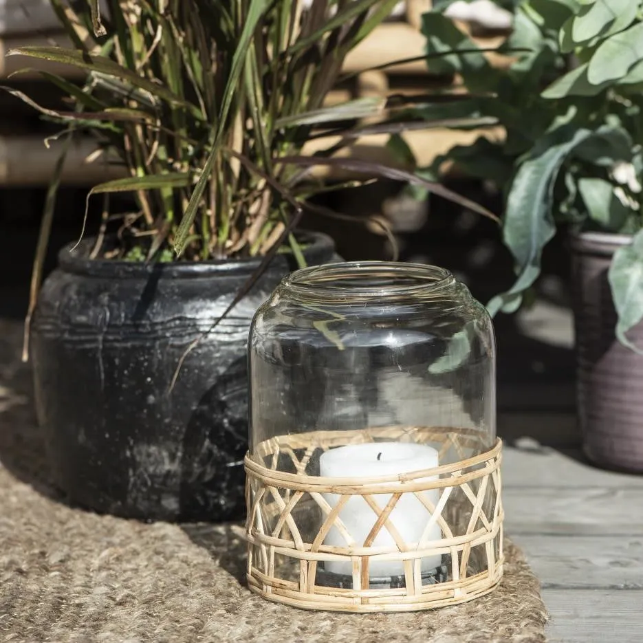 Glass Bell Jar Lantern with Woven Straw Sleeve