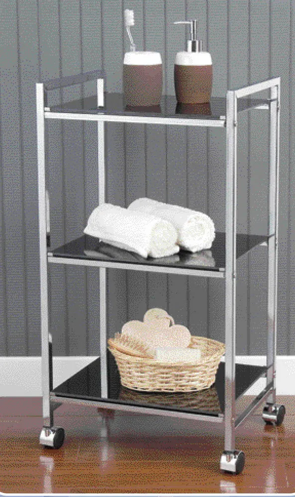 Indigo Rectangular Glass Serving Cart and Display Shelving Unit for Bathroom, Kitchen, Home and Office-Chrome/Black