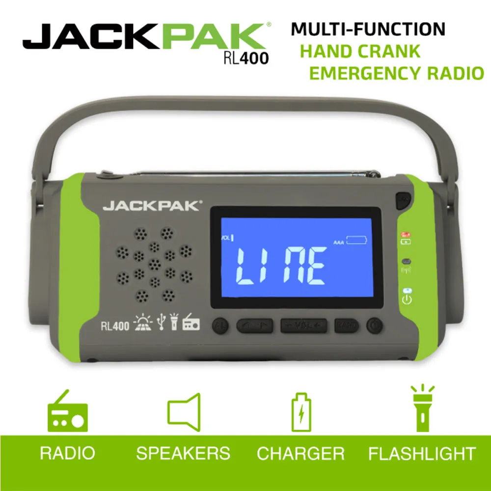 JackPak RL400 AM/FM Radio, SOS Alarm, Weather Alert, Flashlight, 4,000mAh Battery