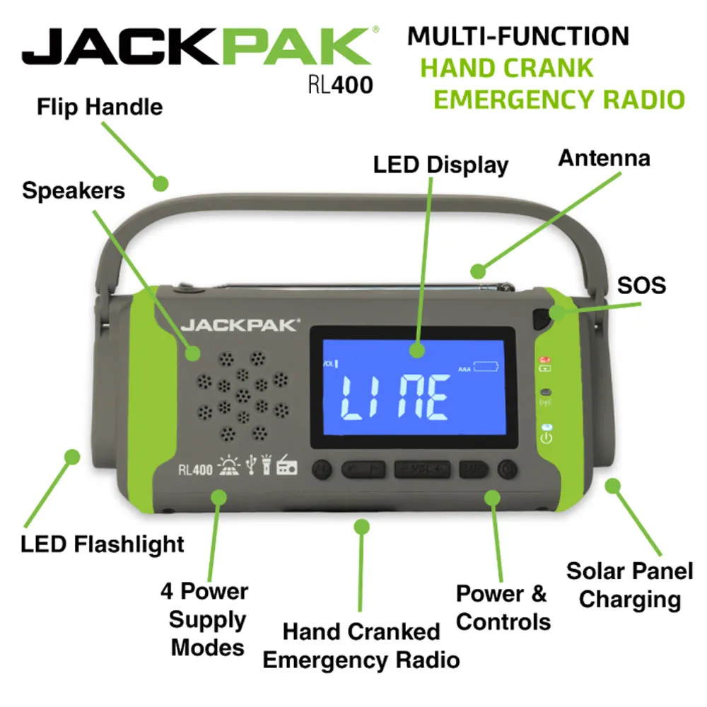 JackPak RL400 AM/FM Radio, SOS Alarm, Weather Alert, Flashlight, 4,000mAh Battery