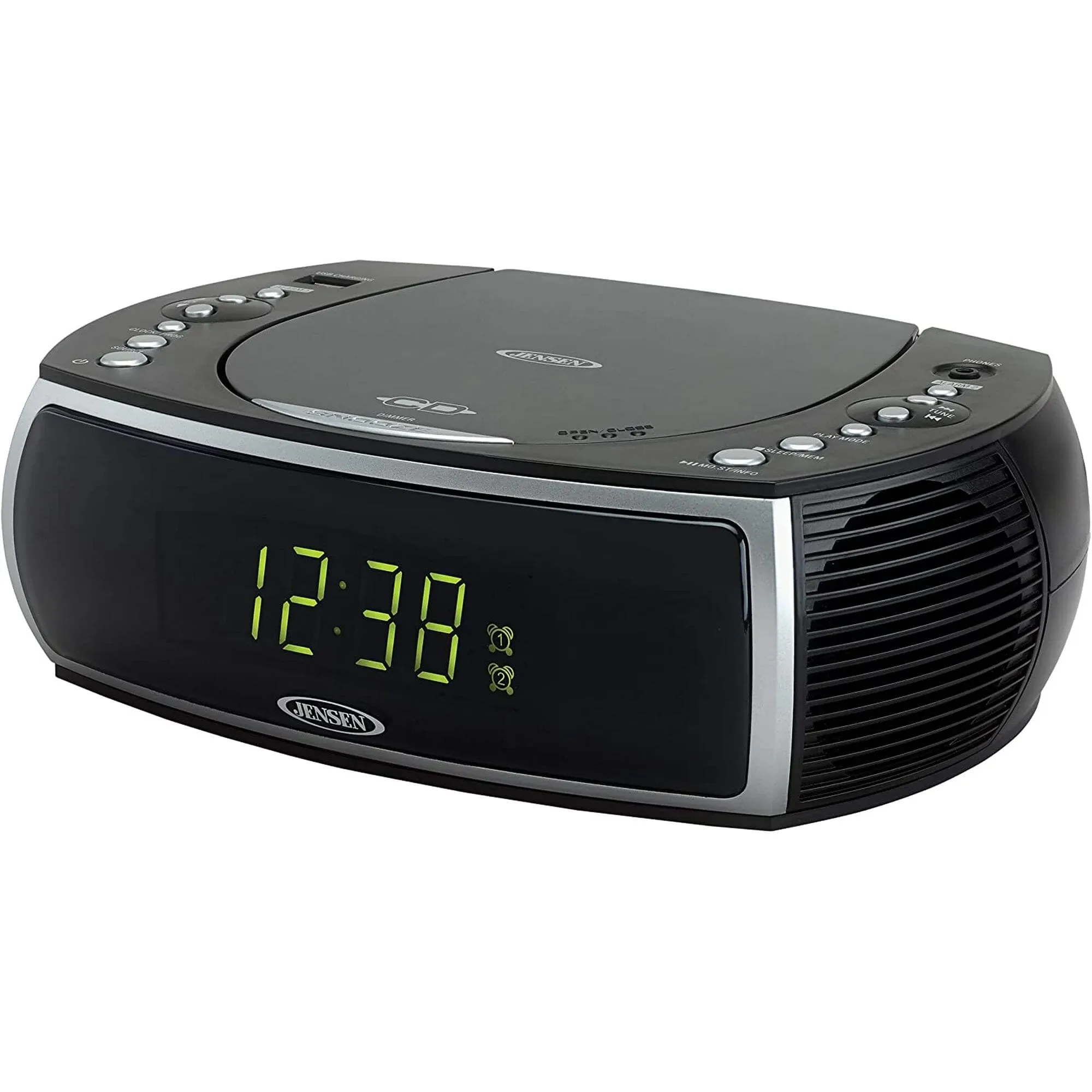 Jensen JCR-322 Modern Home CD Tabletop Stereo Clock Digital AM/FM Radio CD Player Dual Alarm Clock - Black