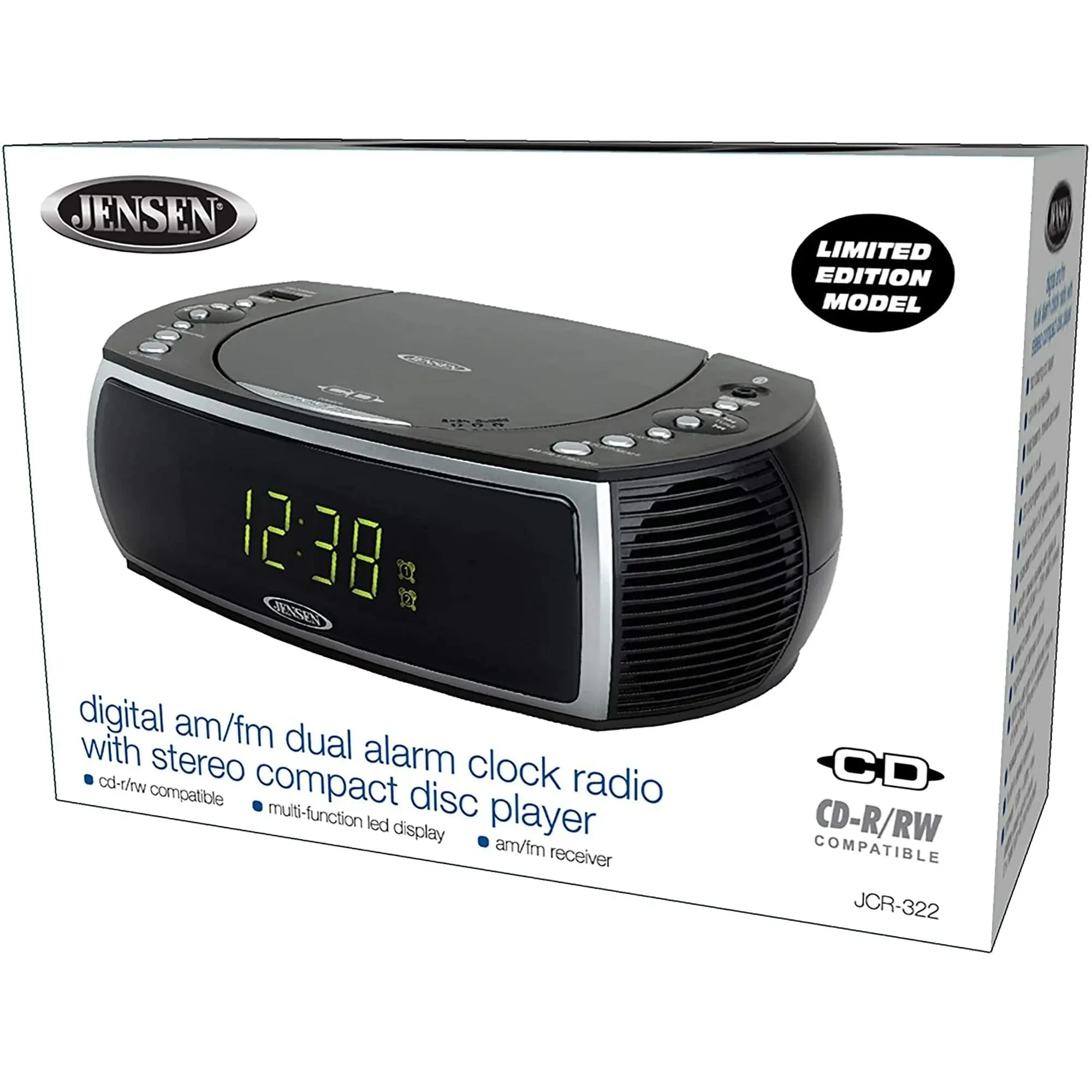 Jensen JCR-322 Modern Home CD Tabletop Stereo Clock Digital AM/FM Radio CD Player Dual Alarm Clock - Black