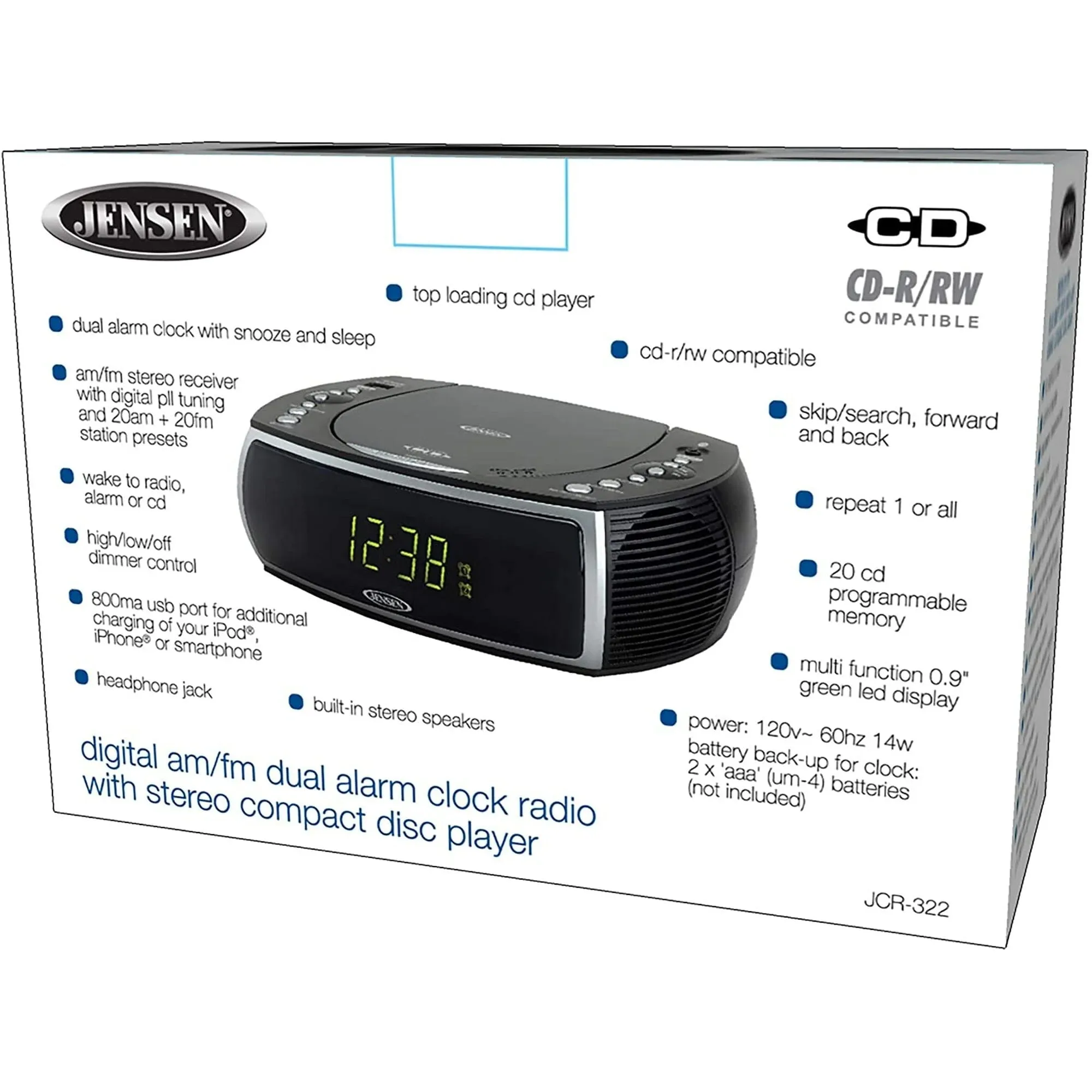 Jensen JCR-322 Modern Home CD Tabletop Stereo Clock Digital AM/FM Radio CD Player Dual Alarm Clock - Black