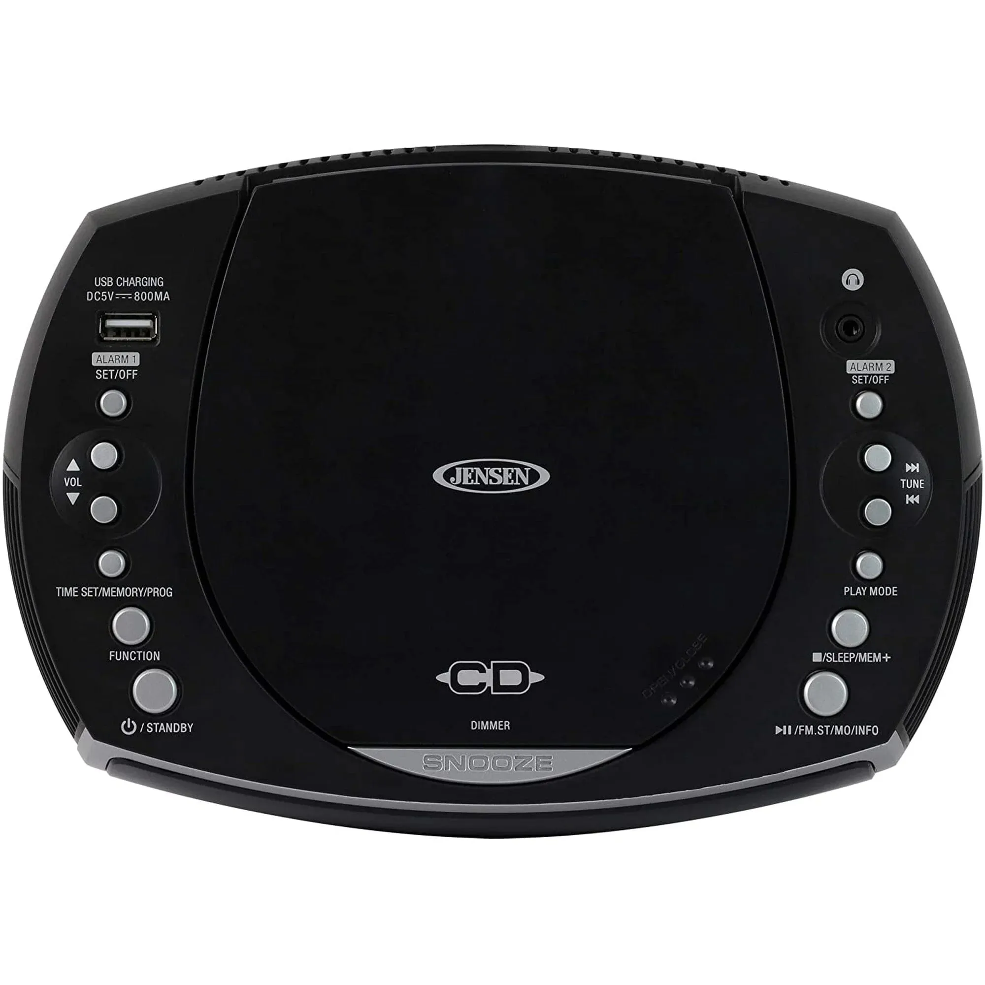 Jensen JCR-322 Modern Home CD Tabletop Stereo Clock Digital AM/FM Radio CD Player Dual Alarm Clock - Black