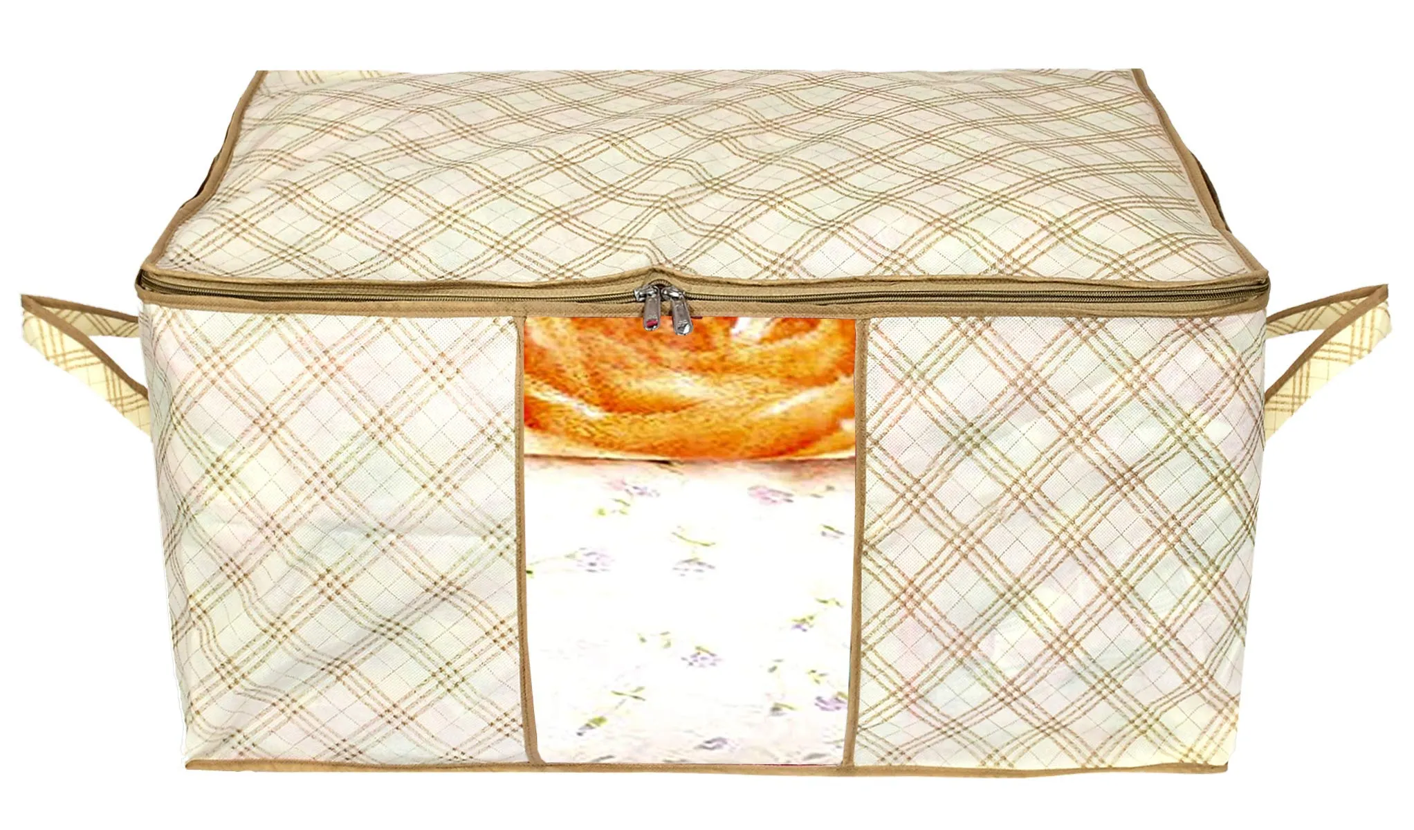 Kuber Industries Metalic Leafy,Checkered Print Non Woven 6 Pieces Underbed Storage Bag,Cloth Organiser,Blanket Cover with Transparent Window (Ivory & Pink)-KUBMART16645