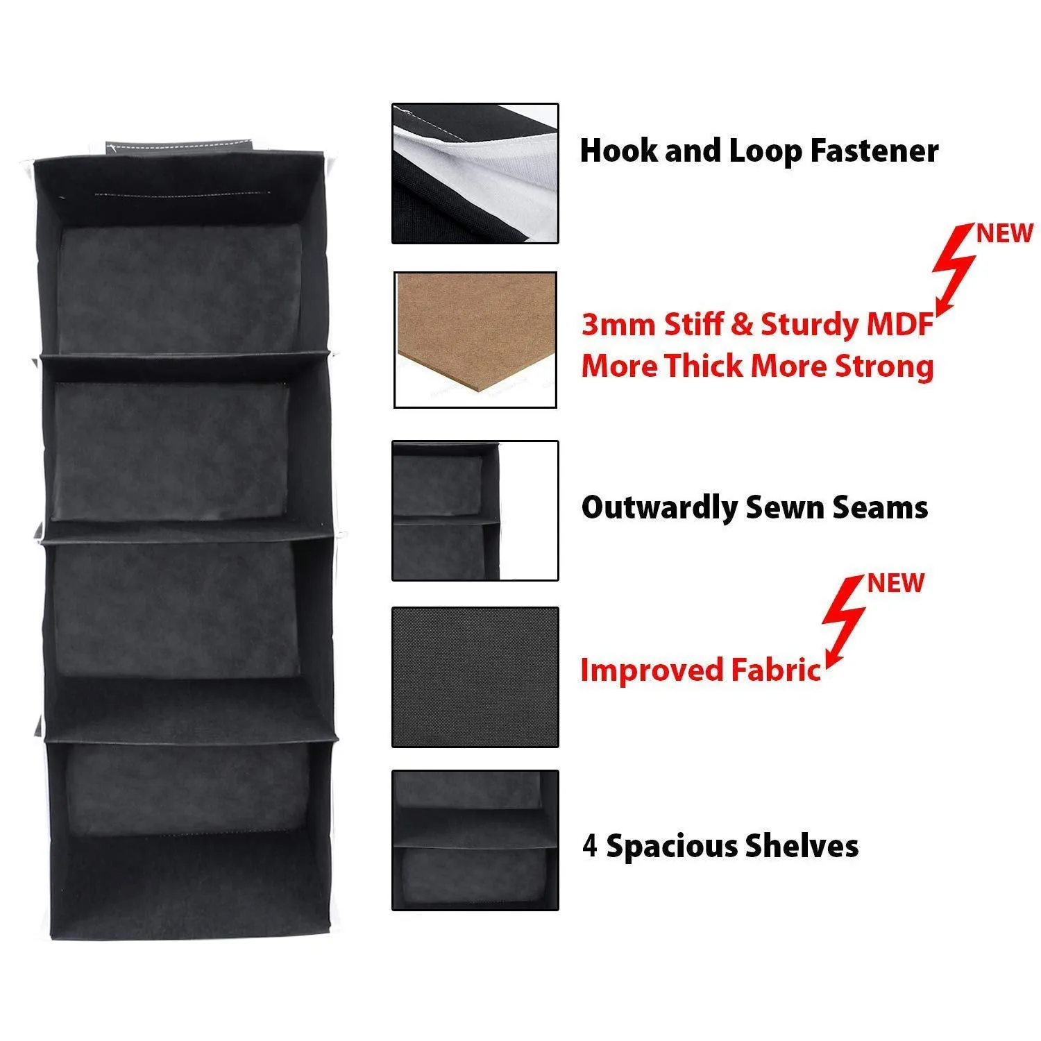 Kuber Industries Non Woven Hanging 4 Shelves Foldable Wardrobe/Closet Cloth Organizer (Black)-KUBMART15328