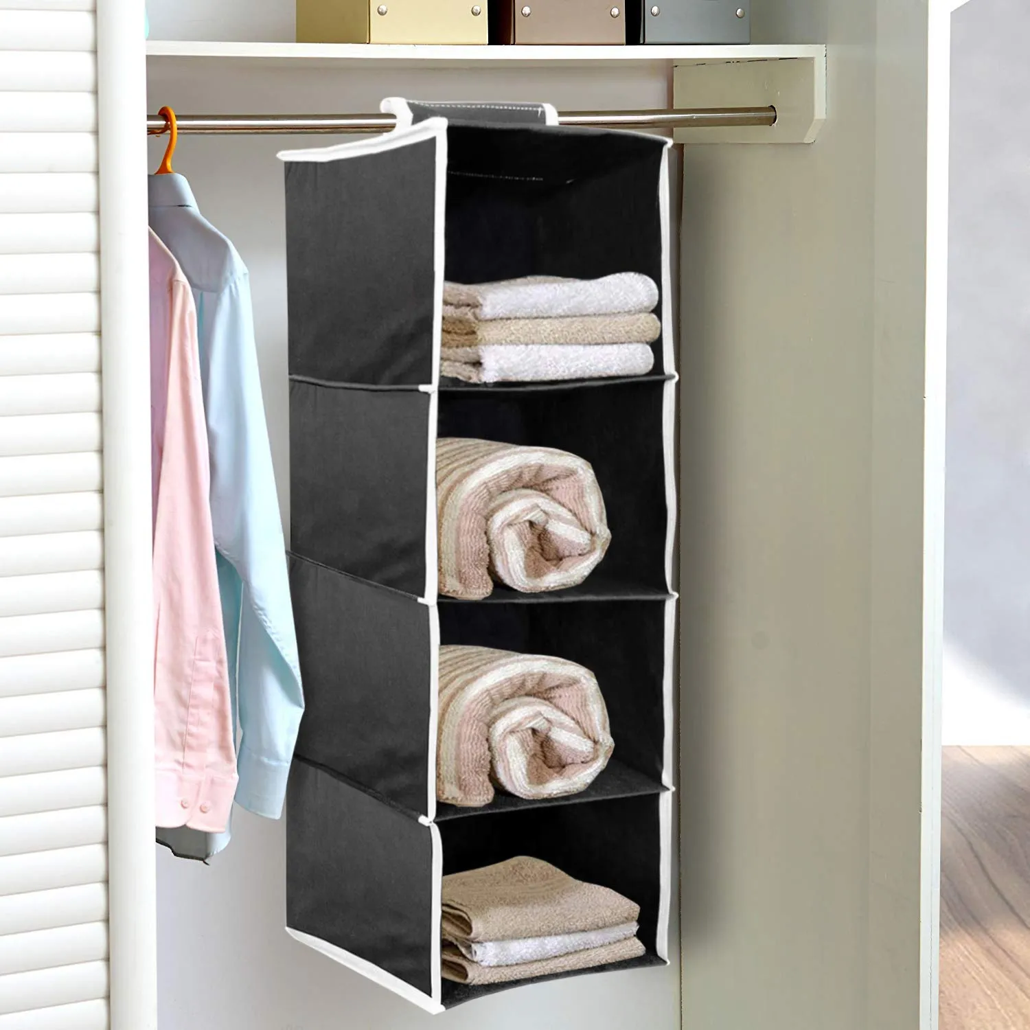 Kuber Industries Non Woven Hanging 4 Shelves Foldable Wardrobe/Closet Cloth Organizer (Black)-KUBMART15328