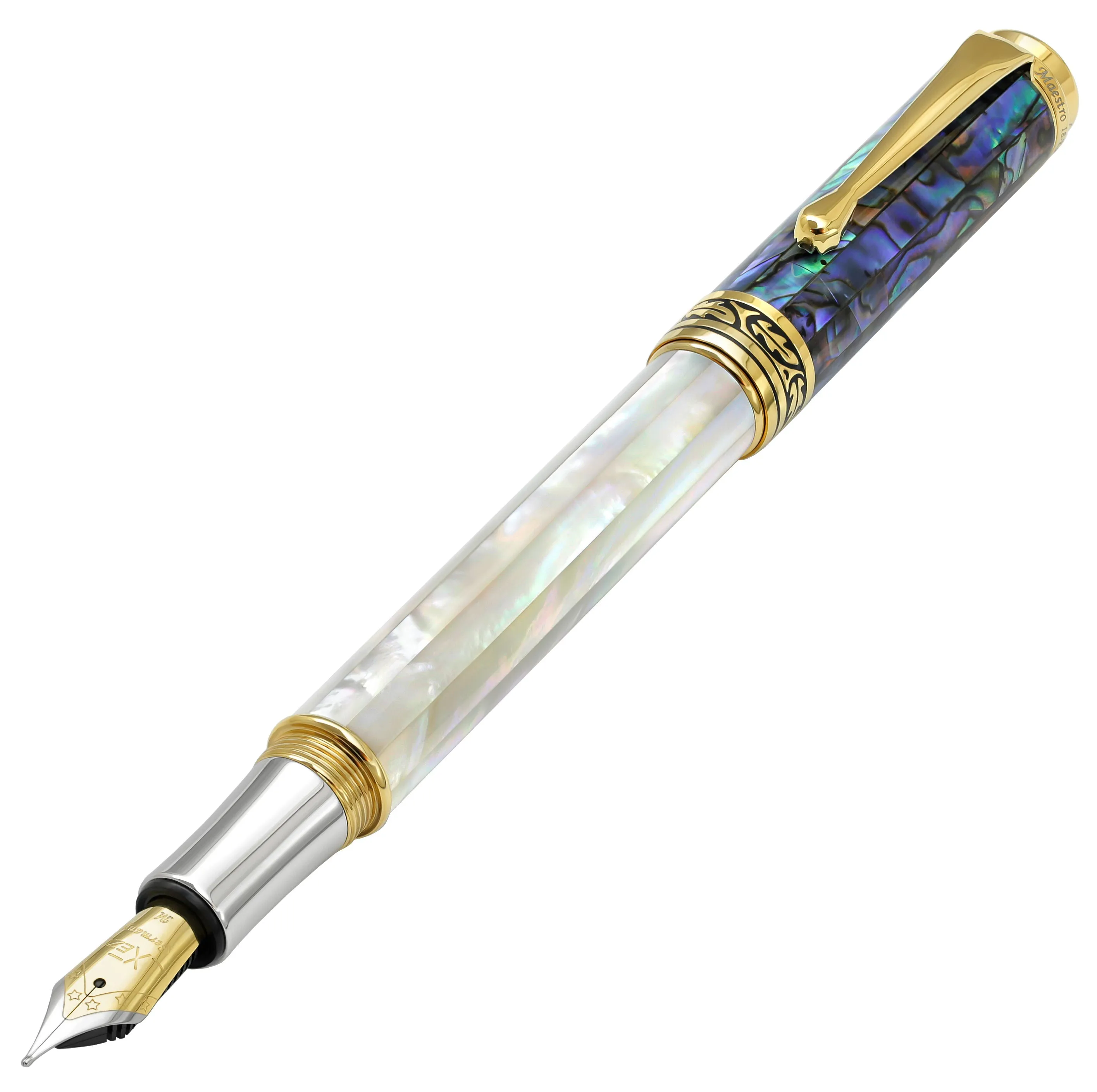 Maestro® 18K Gold Plated Fountain Pen (Medium Nib) - Oceanic White Mother of Pearl & Paua Abalone