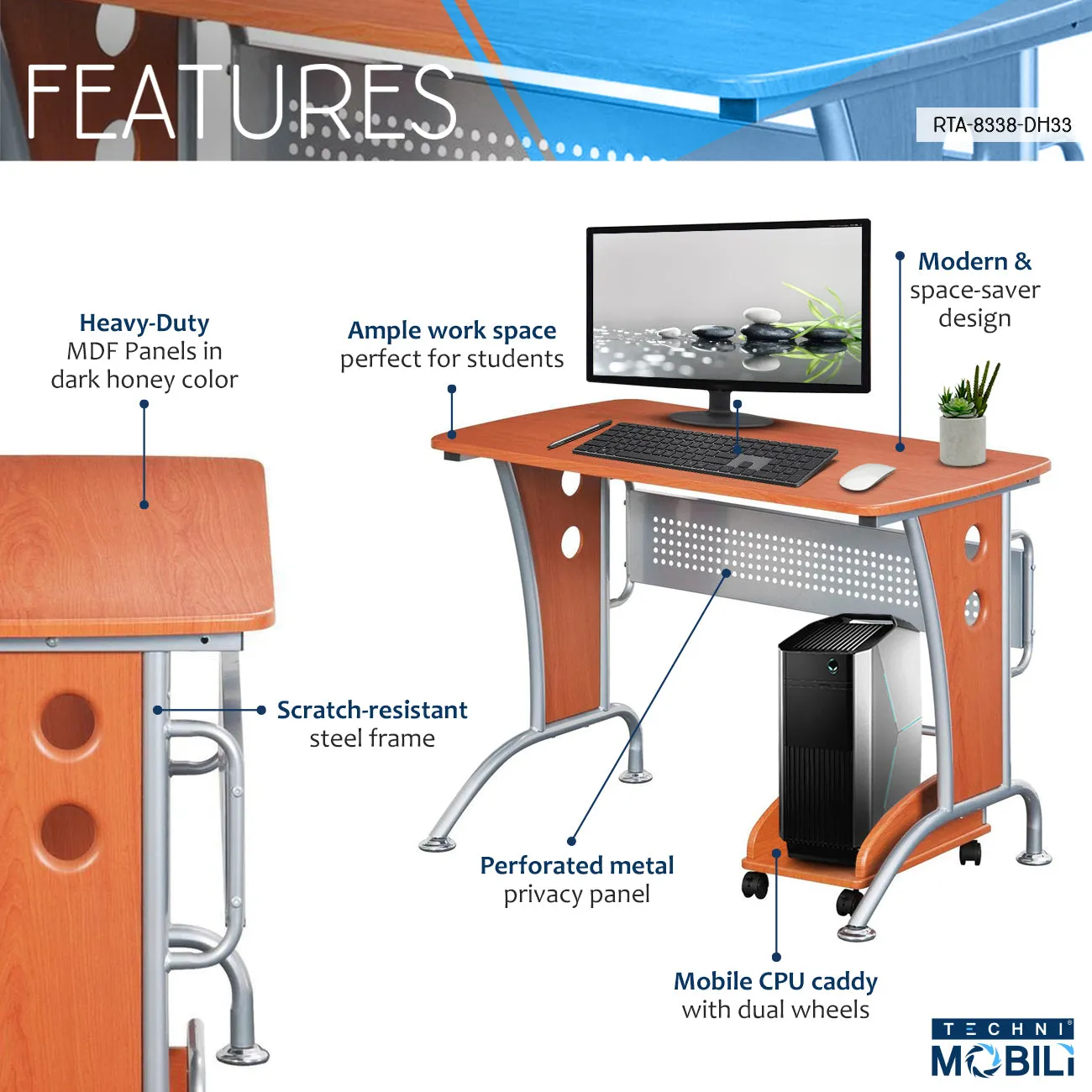 Modern Computer Desk With Mobile CPU Caddy