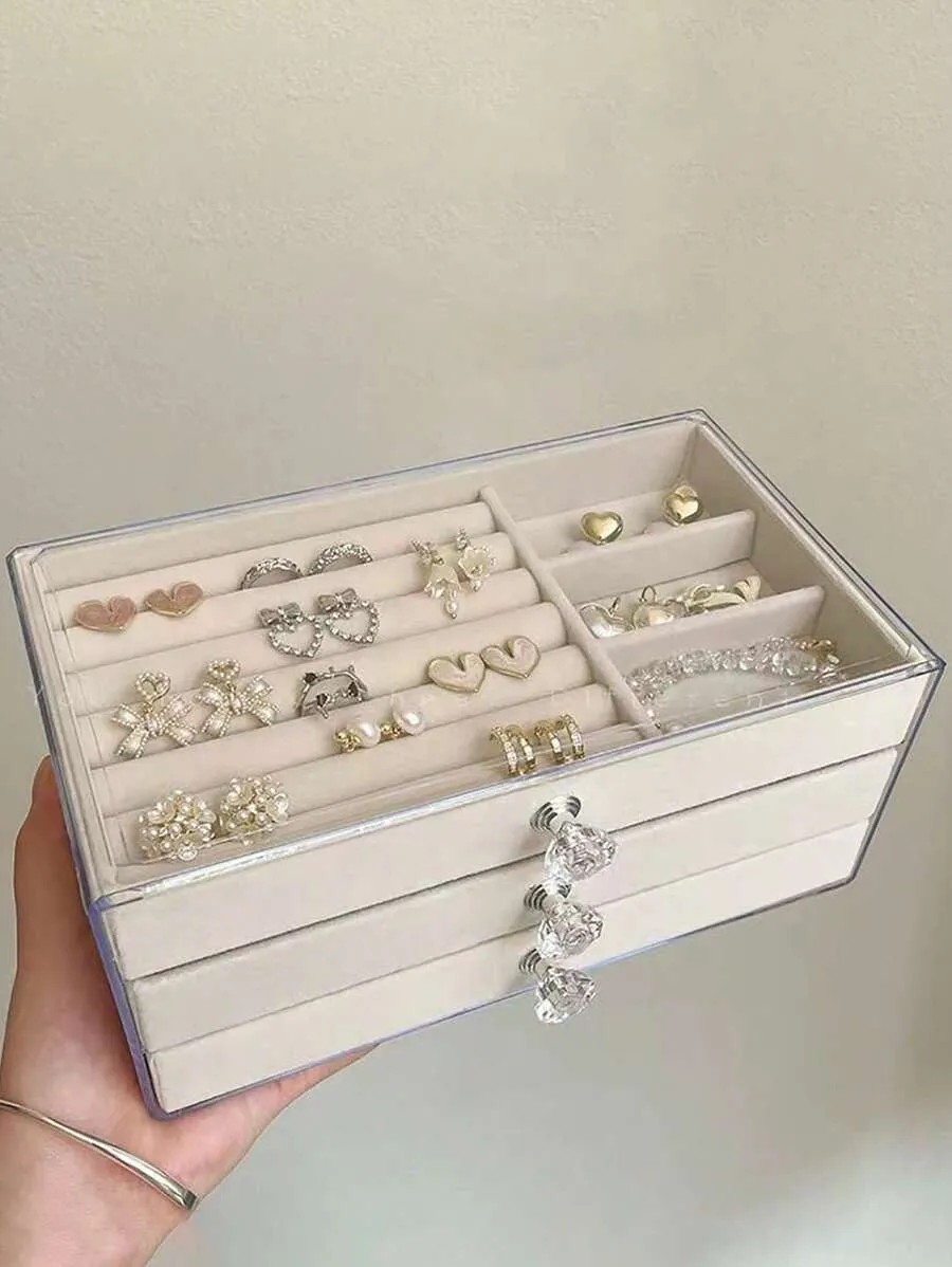 Reriti Acrylic Velvet 3-Layer Drawer Jewelry Box - Beige