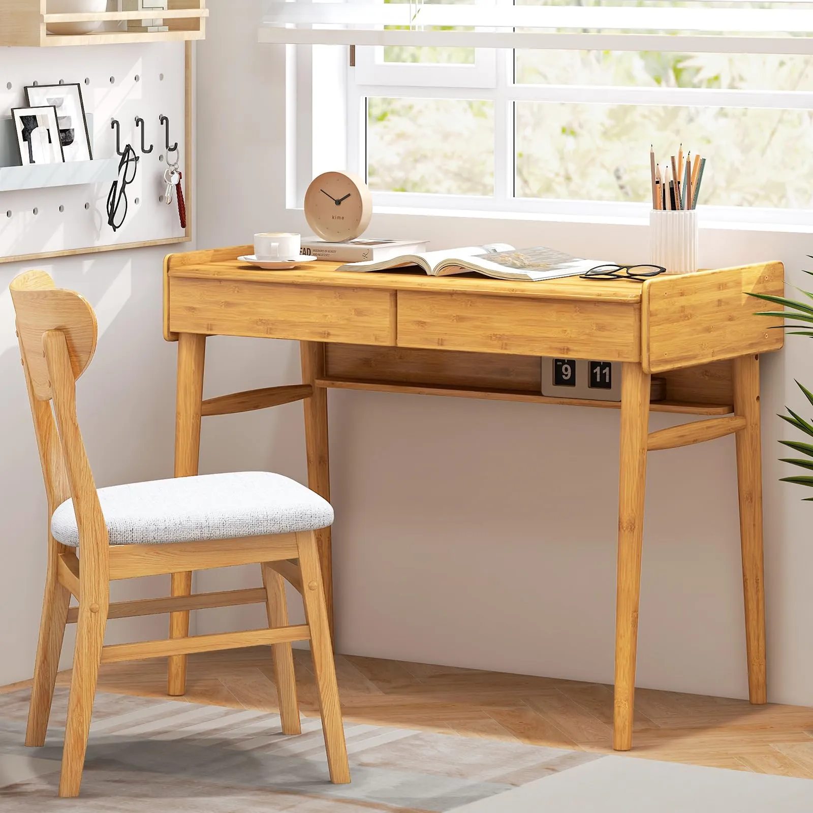 Tangkula Bamboo Computer Desk with 2 Storage Drawers