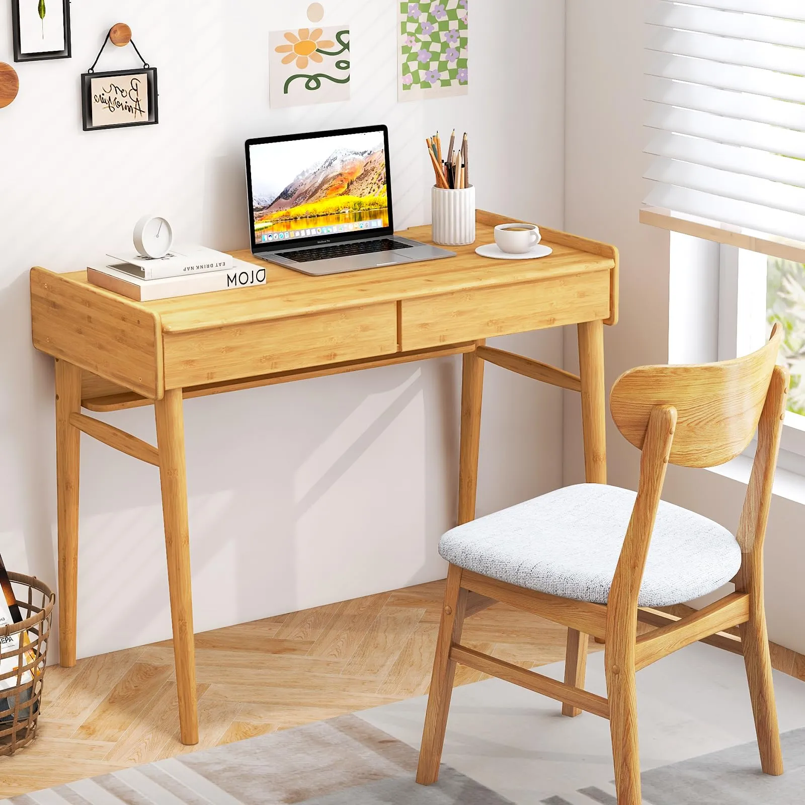 Tangkula Bamboo Computer Desk with 2 Storage Drawers