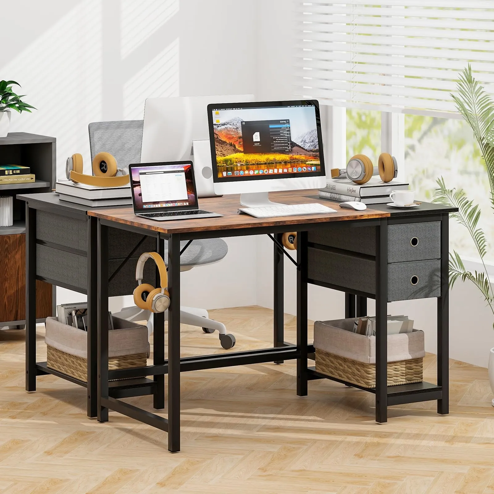 Tangkula Computer Desk with 2 Drawers, Modern Home Office Desk with Hanging Hook & Storage Shelf