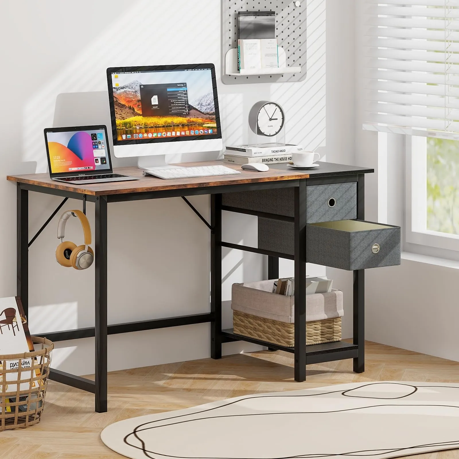 Tangkula Computer Desk with 2 Drawers, Modern Home Office Desk with Hanging Hook & Storage Shelf