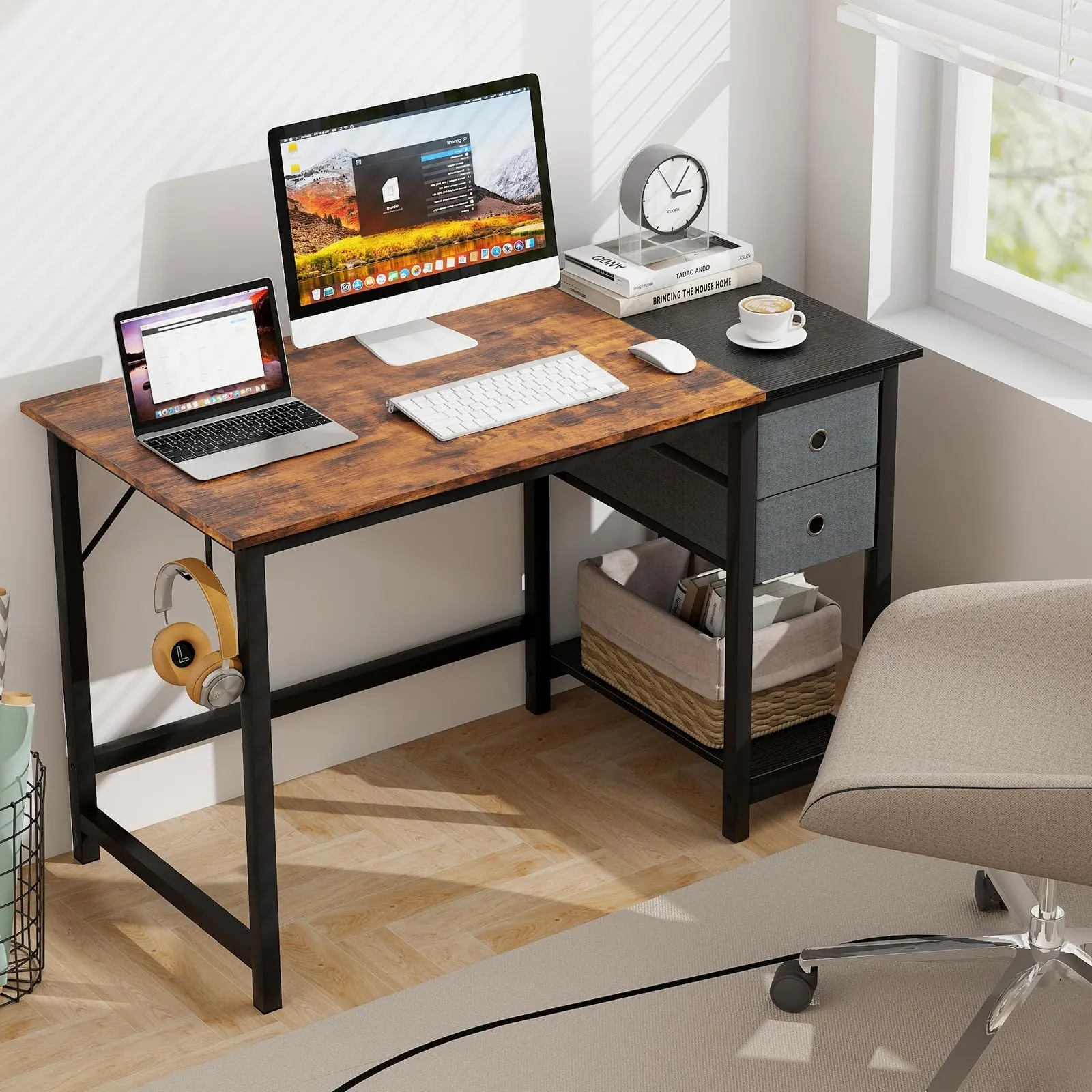 Tangkula Computer Desk with 2 Drawers, Modern Home Office Desk with Hanging Hook & Storage Shelf