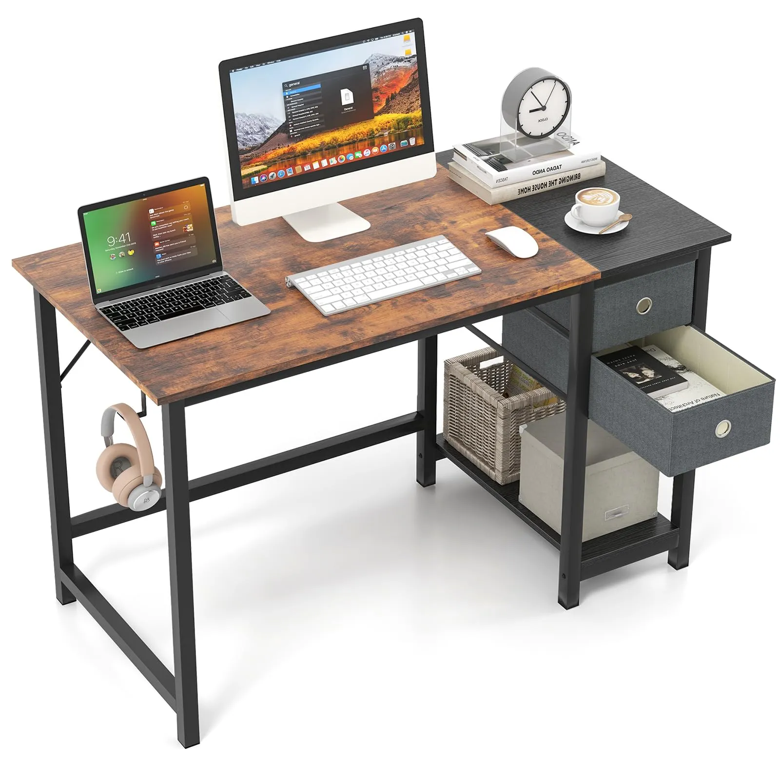 Tangkula Computer Desk with 2 Drawers, Modern Home Office Desk with Hanging Hook & Storage Shelf