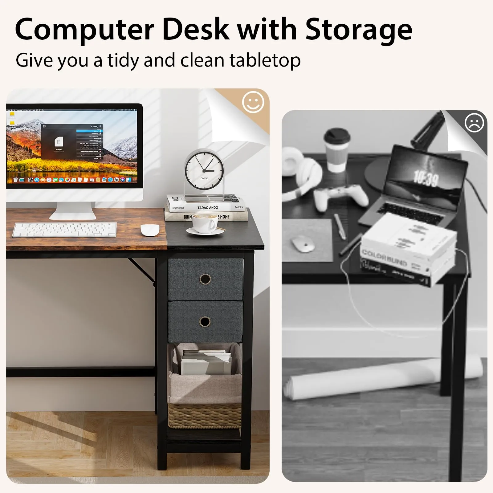 Tangkula Computer Desk with 2 Drawers, Modern Home Office Desk with Hanging Hook & Storage Shelf