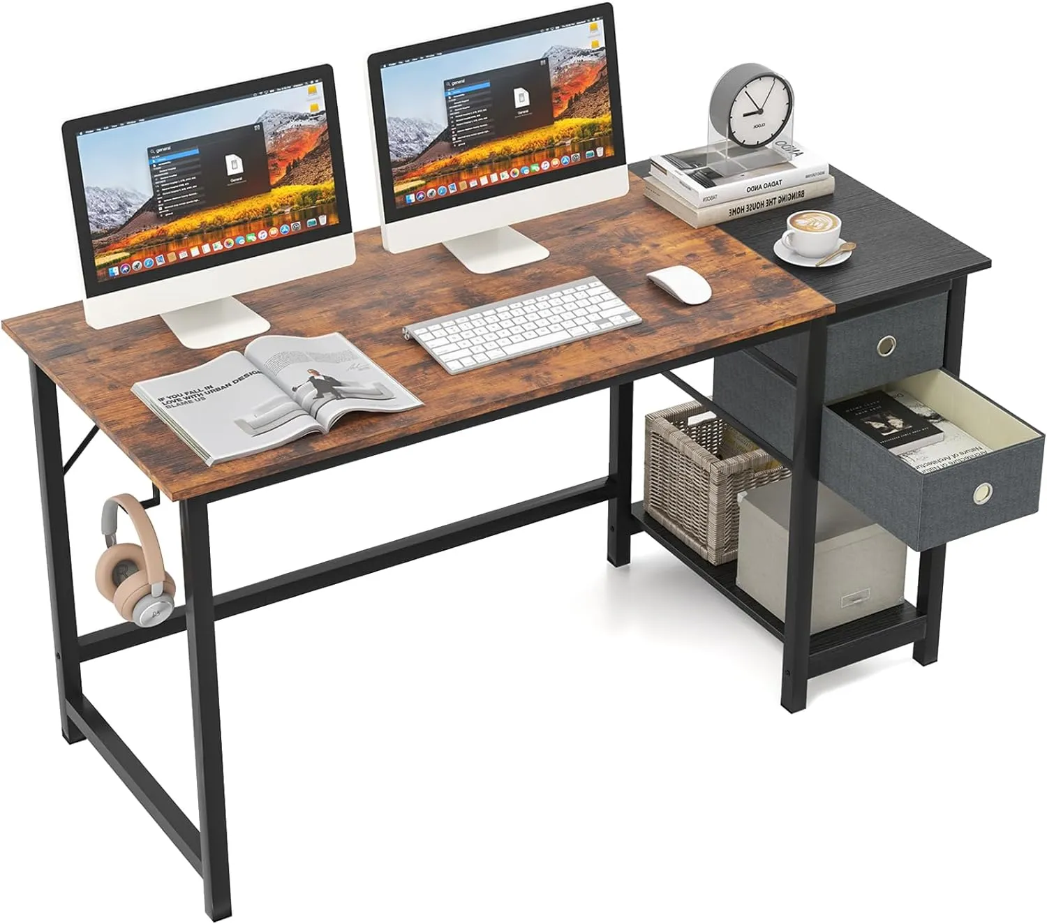 Tangkula Computer Desk with 2 Drawers, Modern Home Office Desk with Hanging Hook & Storage Shelf