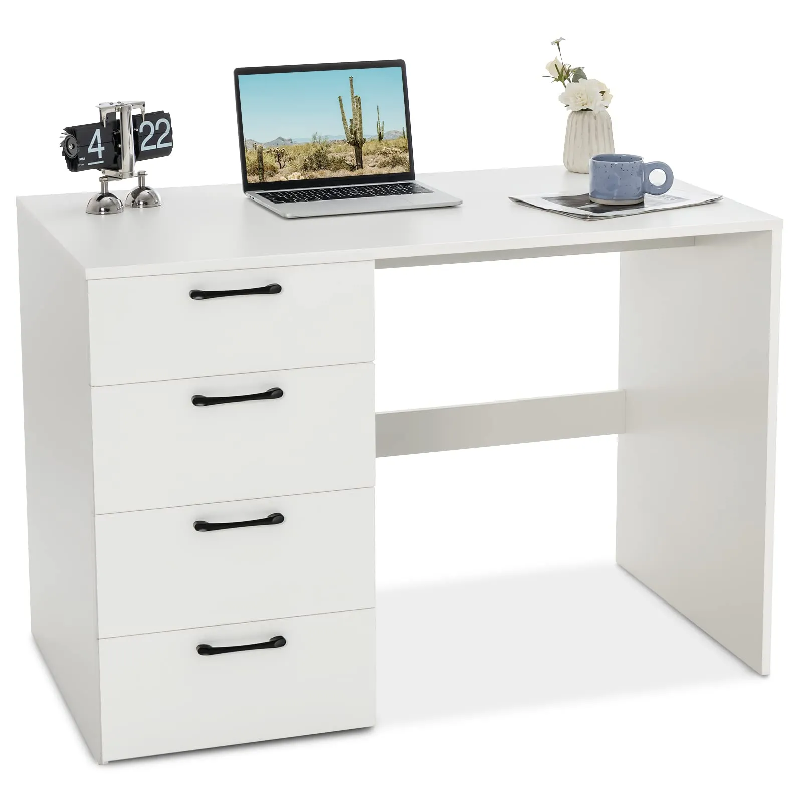 Tangkula White Desk with 4 Storage Drawers