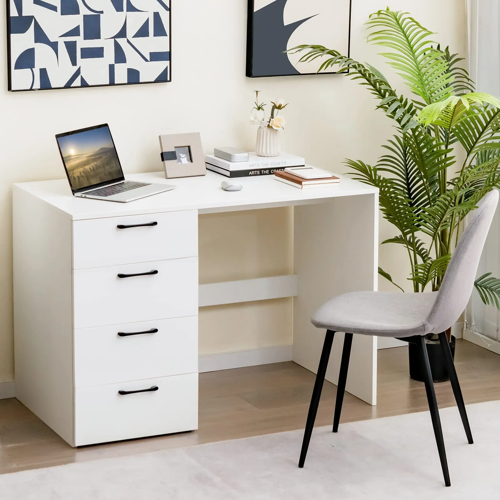 Tangkula White Desk with 4 Storage Drawers