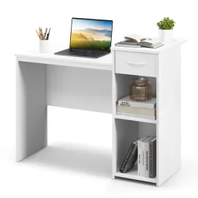 Tangkula White Desk with Drawer, Modern Computer Desk with Adjustable Shelf & Cable Hole, Wooden Computer Workstation for Home or Office